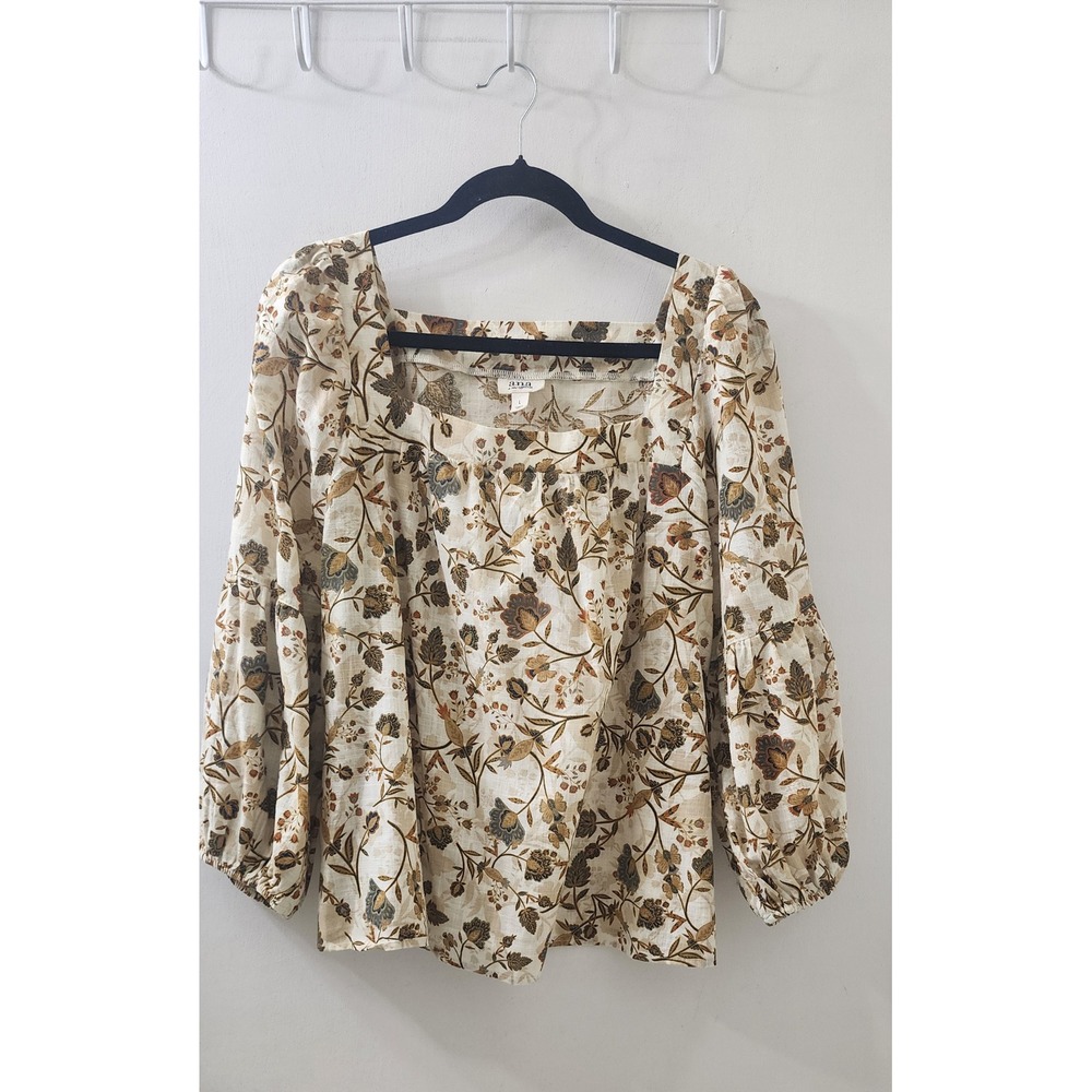 ana A New Approach Floral Square Neck Balloon Sleeve Cotton Blouse Large